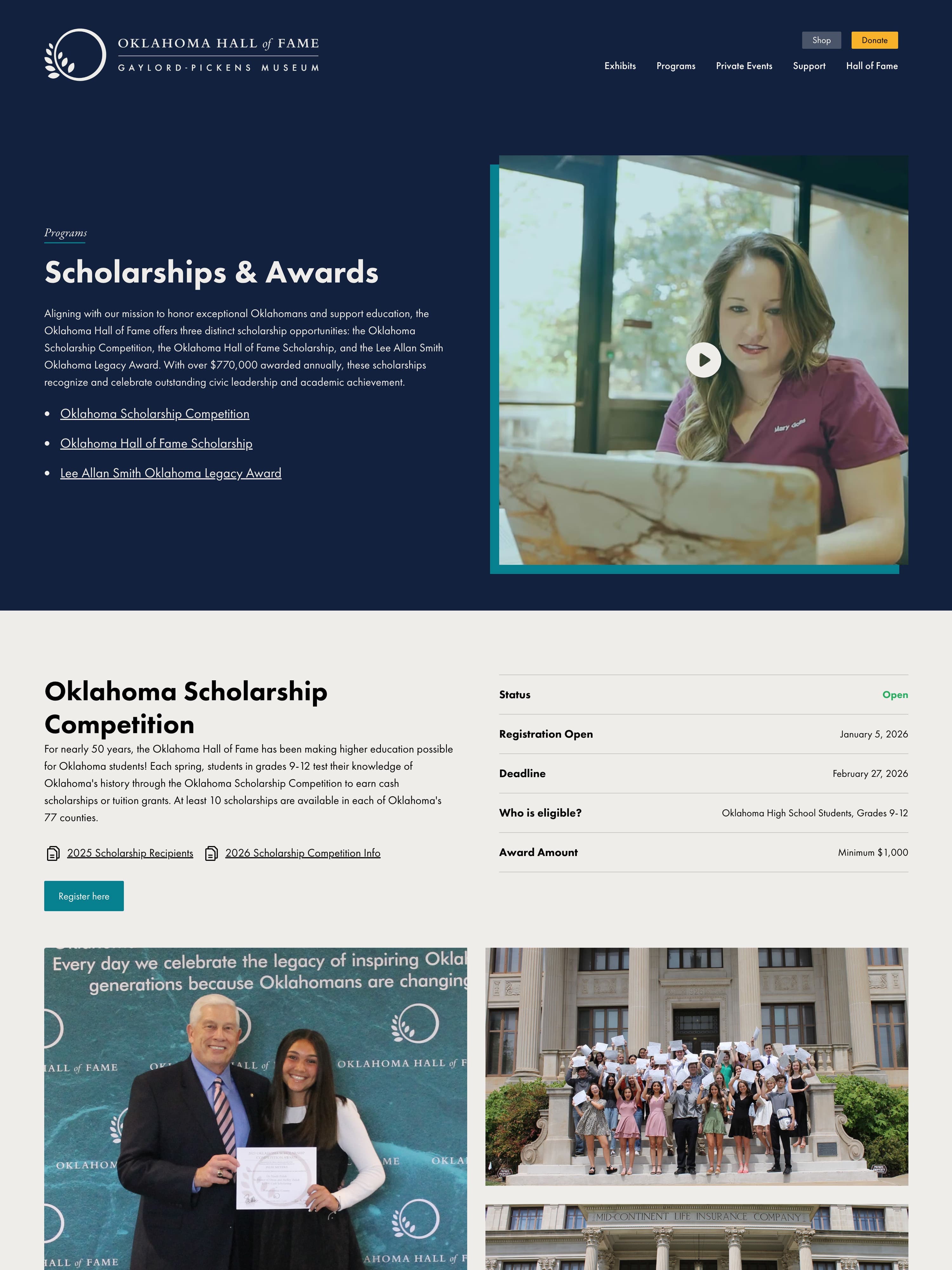 Oklahoma Hall of Fame Scholarships page